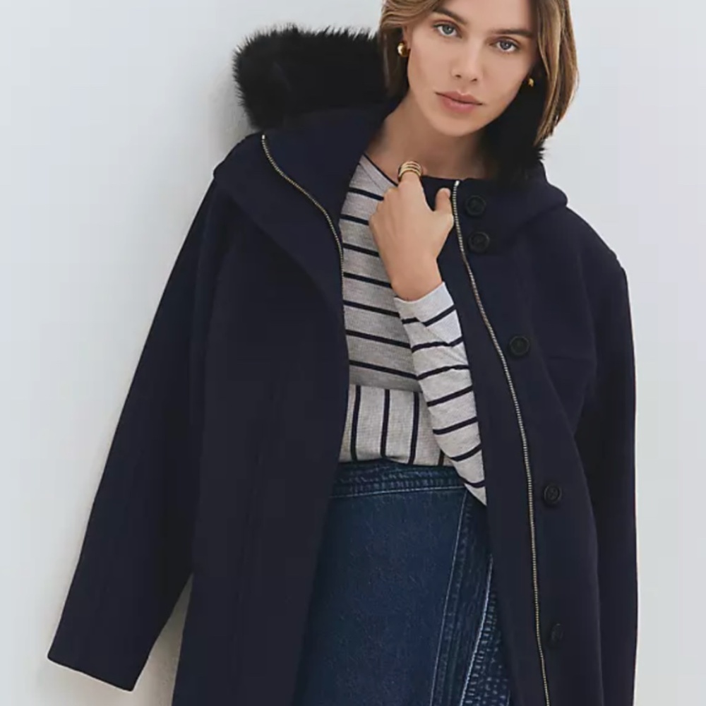 NWT - Ann Taylor - Navy Wool Hooded Coat with Fur Hood